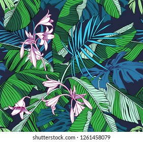 Tropical Seamless pattern. Exotic Banana, fan palm, monstera leaves and flowers. Textile composition, hand drawn style print. Vector illustration.