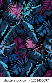 Tropical Seamless pattern. Exotic Banana, fan palm and monstera leaves. Textile composition, hand drawn style print. Vector illustration.