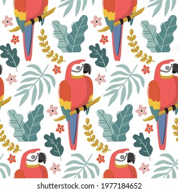 Tropical seamless pattern with exotic birds, branches and leaves. Beautiful summer background. Hand drawn vector illustration. Colorful endless texture for wrapping, textile, fabric design.