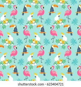 Tropical Seamless pattern with exotic birds. Flamingos, toucans, parrots and palm leaves, trendy illustration