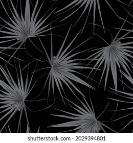 Tropical seamless pattern with exotic black white fan palm leaves. Black background.