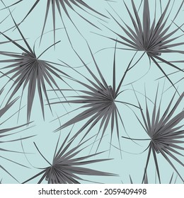 Tropical seamless pattern with exotic black white fan palm leaves. Blue background.