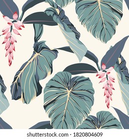 Tropical seamless pattern with exotic blue leaves and pink flowers. Light yellow background.	
