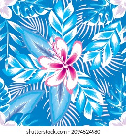 Tropical seamless pattern with exotic blue plants leaves and abstract pink hibiscus flowers foliage on light background. Floral background. Summer design. fashionable prints texture. wallpaper decor