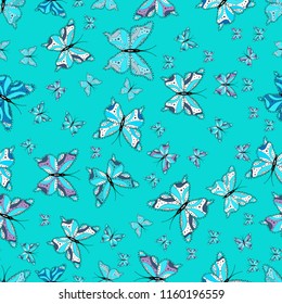 Tropical seamless pattern with Exotic Butterflies. Illustration in blue, white and black colors. Vector. Fashion Fabric Design.