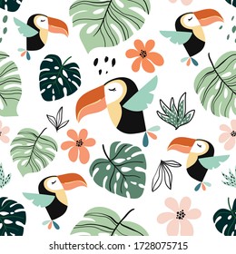 Tropical seamless pattern with exotic design, toucan, palm leaf , white background