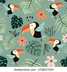 Tropical seamless pattern with exotic design, colorful toucan and palm leaf