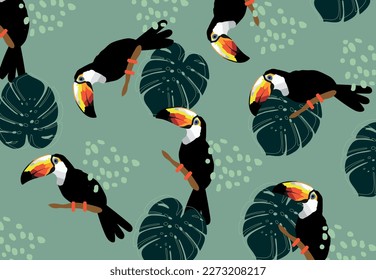 Tropisches nahtloses Muster mit exotischem Design, bunter Toucan und Palmenblatt.