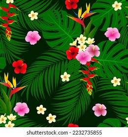 patrón tropical sin costuras. impresión floral exótica. hibisco rosa rojo, plumeria, flores frangipani, ave del paraíso, palmera, hoja verde. bueno para la moda, la tela, el vestido de verano, el papel pintado y el fondo.