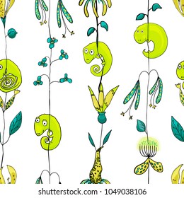 Tropical seamless pattern with exotic flowers, leaves and cute reptiles.  Colorful hand drawn vector illustration. For children. Notebooks, cards, labels, diaries, accessories-school