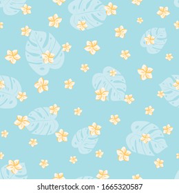 Tropical seamless pattern with exotic flowers monstera leaves plant vector endless background