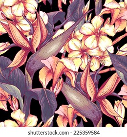 Tropical seamless pattern with exotic flowers. Bird of Paradise Background 