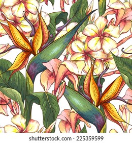 Tropical seamless pattern with exotic flowers. Bird of Paradise Background 