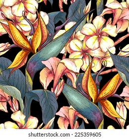 Tropical seamless pattern with exotic flowers. Bird of Paradise Background 