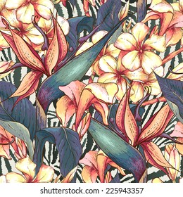 Tropical seamless pattern with exotic flowers on zebra  background Bird of Paradise 