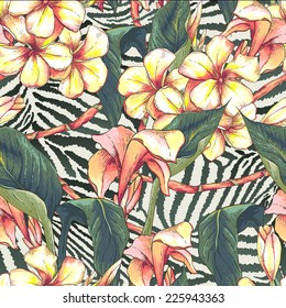 Tropical seamless pattern with exotic flowers on zebra  background Bird of Paradise