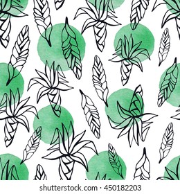 Tropical seamless pattern with exotic flowers and leaves.