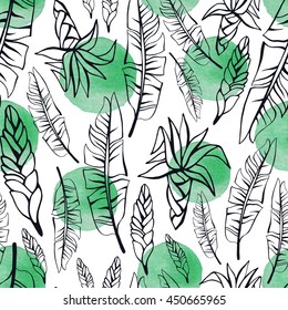 Tropical seamless pattern with exotic flowers and leaves
