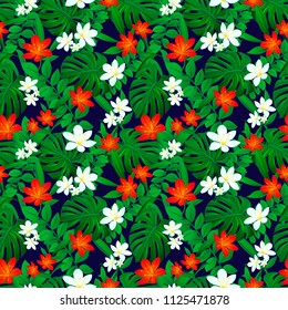 Tropical seamless pattern. Exotic leaves repeated texture. Vector card. Summer tropic background. Colored floral wallpaper with tropical jungle plants, flowers. Bright colors. Green, red, white, dark.