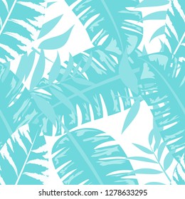 Tropical seamless pattern with exotic leaves. Hawaiian floral design. Summer background for cards, invitations, apartments, wallpapers. Vector illustration.
