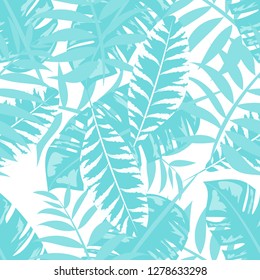 Tropical seamless pattern with exotic leaves. Hawaiian floral design. Summer background for cards, invitations, apartments, wallpapers. Vector illustration.