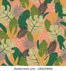Tropical seamless pattern with exotic leaves. Vector illustration 