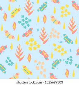 Tropical seamless pattern with exotic leaves, flowers, butterflies. Vector illustration