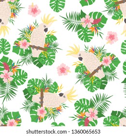 Tropical seamless pattern with exotic leaves, flowers and parrots. Design element for fabric, textile, wallpaper, scrapbooking or others. Vector illustration.