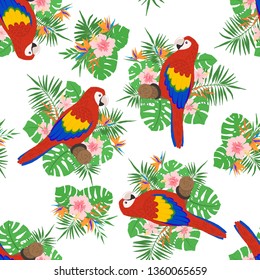Tropical seamless pattern with exotic leaves, flowers and parrots. Design element for fabric, textile, wallpaper, scrapbooking or others. Vector illustration.