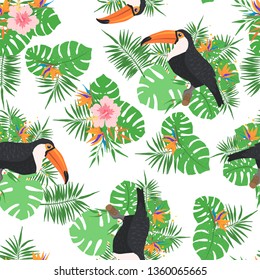 Tropical seamless pattern with exotic leaves, flowers and toucans. Design element for fabric, textile, wallpaper, scrapbooking or others. Vector illustration.