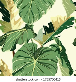 Tropical seamless pattern with exotic leaves. White background.