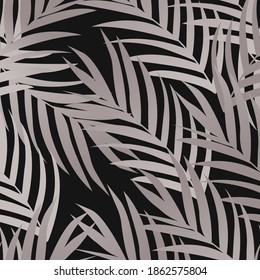 Patrón tropical sin fisuras. Hojas exóticas, ramas de palmeras sobre un fondo negro. Diseño de moda para el sitio web, interior, textiles. Ilustración vectorial.