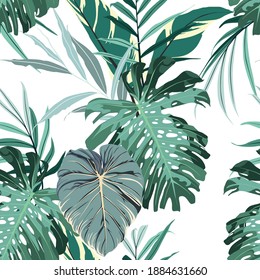 Tropical seamless pattern. Exotic  leaves in vintage colors on white background. Seamless exotic pattern with tropical plants. Jungle leaves. Botanical pattern.