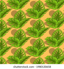 Tropical seamless pattern with exotic leaves in cartoon style. Bright summer print for design and background.