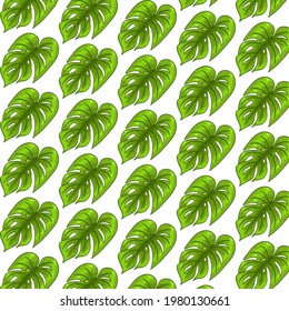 Tropical seamless pattern with exotic leaves in cartoon style. Bright summer print for design and background.