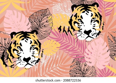 Tropical seamless pattern with exotic leaves and tigers in jungle. Hand drawn vector illustration.
