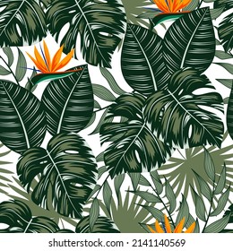 Tropisches nahtloses Muster mit exotischen Blättern und Blumen. Vektorhintergrund für verschiedene Oberflächen. Blumenmuster. Trend-Vektordesign, schöner Druck. Tropische Blätter auf weißem Hintergrund. 