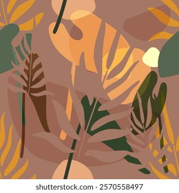 Tropical seamless pattern. Exotic leaves and abstract shapes on a brown background. Shades of green, chocolate, brown, orange and yellow.