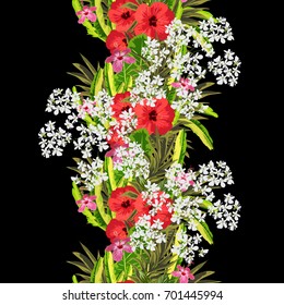 Tropical seamless pattern with exotic leaves and hibiscus. Hand-drawn floral background for printing on fabric, clothing, home textiles, wallpaper, gift wrapping.Vertical border.