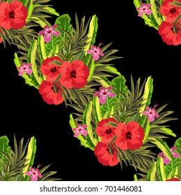Tropical seamless pattern with exotic leaves and hibiscus. Hand-drawn floral background for printing on fabric, clothing, home textiles, wallpaper, gift wrapping.