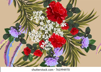 Tropical seamless pattern with exotic leaves and roses. Hand-drawn floral background for printing on fabric, clothing, home textiles, wallpaper, gift wrapping.