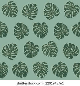 Tropical seamless pattern with exotic monstera leaves with yellow accent on green background.