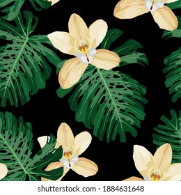 Tropical seamless pattern. Exotic orchid flowers and leaves on black background. Seamless exotic pattern with tropical plants. Jungle leaves. Botanical pattern.