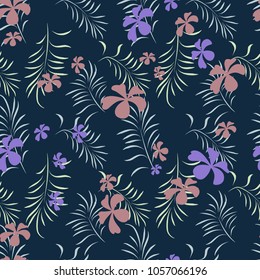 Tropical seamless pattern with exotic palm leaves and tropical flower. Hawaiian style.  Vector illustration.