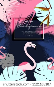 Tropical seamless pattern with exotic palm leaves and Pink Flamingo Vector Background