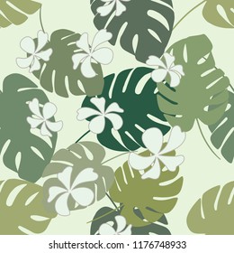 Tropical seamless pattern with exotic palm leaves and tropical flower. Hawaiian style.  Vector illustration.
