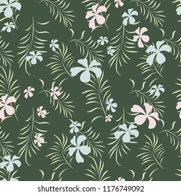 Tropical seamless pattern with exotic palm leaves and tropical flower. Hawaiian style.  Vector illustration.