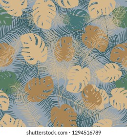 Tropical seamless pattern with exotic palm leaves and tropical flower. Tropical monstera. Hawaiian style.  Vector illustration.