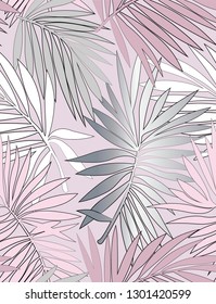 Tropical seamless pattern with exotic palm leaves. Vector illustration. Nature seamless pattern. Hand drawn abstract tropical summer background  palm tree leaves in silhouette, line art. Flat jungle 