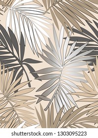 Tropical seamless pattern with exotic palm leaves. Vector illustration. Nature seamless pattern. Hand drawn abstract tropical summer background : palm tree leaves in silhouette, line art. Flat jungle 